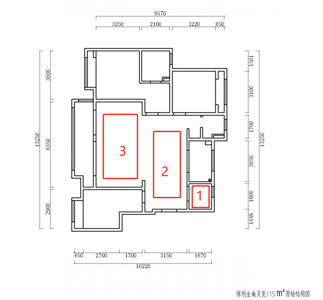 熊皓宇_紅牛設計--保利金地貝克115㎡（三房）現代風(fēng)格03戶(hù)型分析_原始結構圖