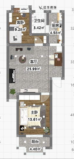 魏明花_一品嘉園2-305-76㎡-簡(jiǎn)約風(fēng)格_2室1廳1衛_成品家￥117416→00彩平圖