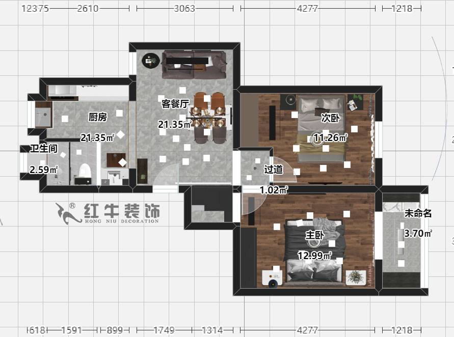 劉曉芳_寧棲園6-2-703-63㎡-現代風(fēng)格_2室2廳1衛（老房裝修）_定制家￥93000_全包9