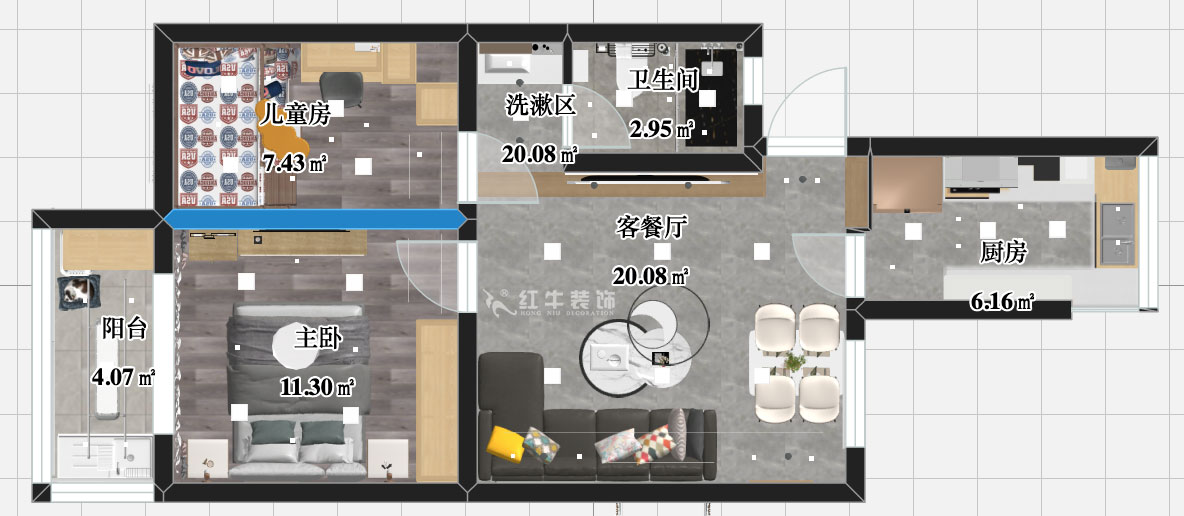 張智猿｜銀龍花園1期35-301-60㎡-現代簡(jiǎn)約風(fēng)格｜2室1廳1衛｜老房裝修｜定制家￥120000｜全包10萬(wàn)｜00_03彩平圖