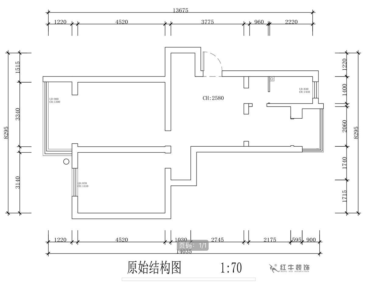 蔣?。蔡┐?1-401-80㎡-現代簡(jiǎn)約風(fēng)格｜2室1廳1衛｜舊房裝修｜定制家￥126767｜全包12萬(wàn)｜00_01原始結構圖