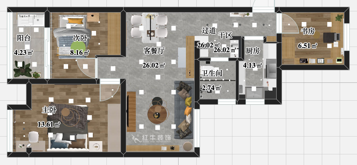 張智猿｜紫楊佳園二期22-407-86㎡-北歐風(fēng)格｜3室2廳1衛｜新房裝修｜定制家￥108698｜全包11萬(wàn)｜00_03平面彩圖