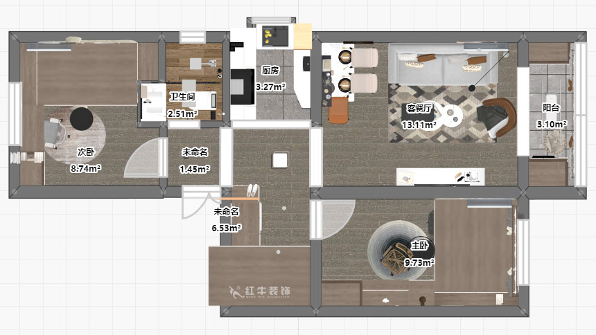 孟憲濤｜張府園小區20號202室-70㎡-簡(jiǎn)約風(fēng)格｜2室1廳1衛｜老房裝修｜定制家￥95000｜全包12萬(wàn)｜00_03平面彩圖