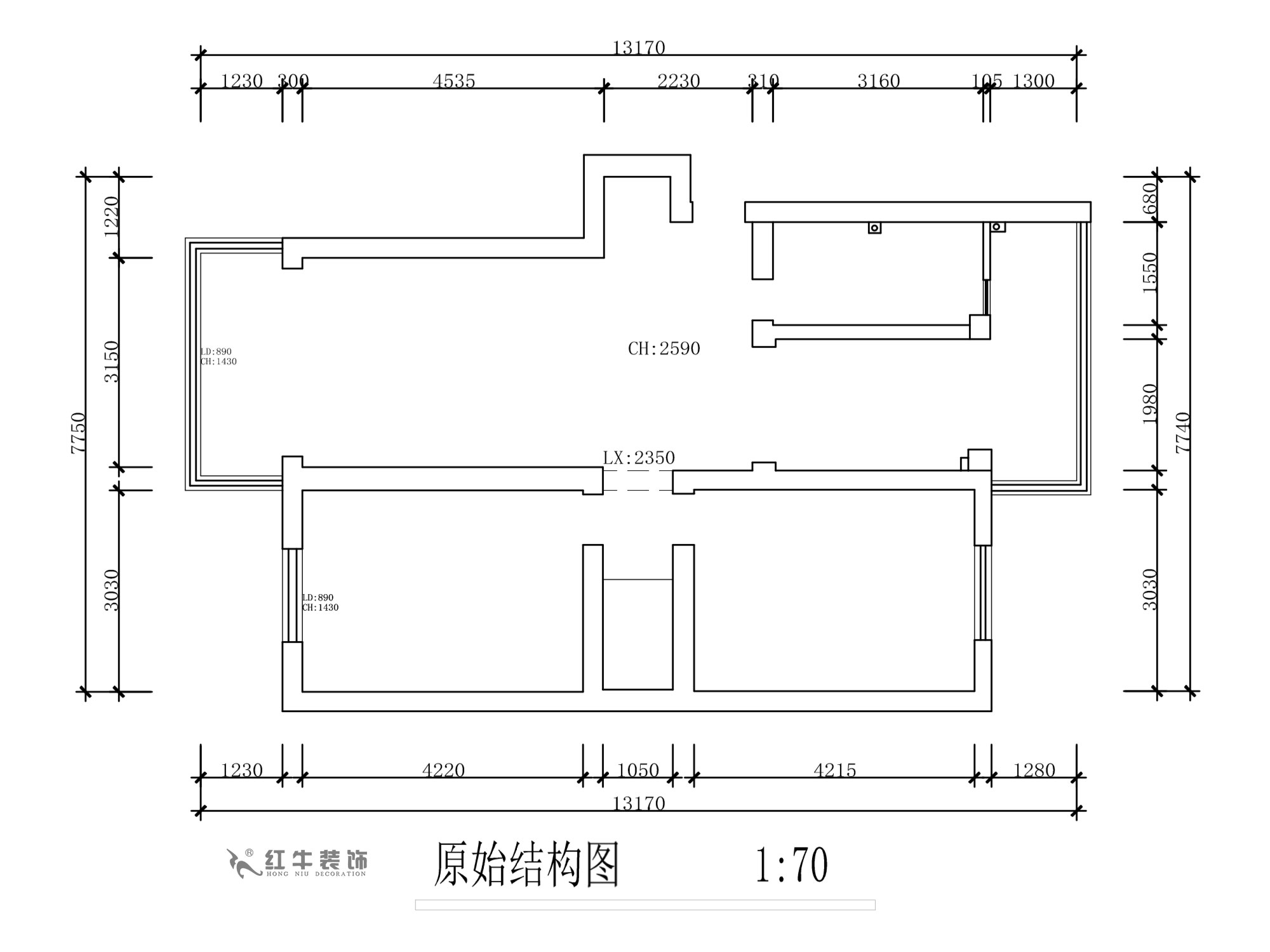 蔣?。旄@43-401-90㎡-現代簡(jiǎn)約風(fēng)格｜2室1廳1衛｜舊房裝修｜定制家￥122757｜全包12萬(wàn)｜00_01原始結構圖