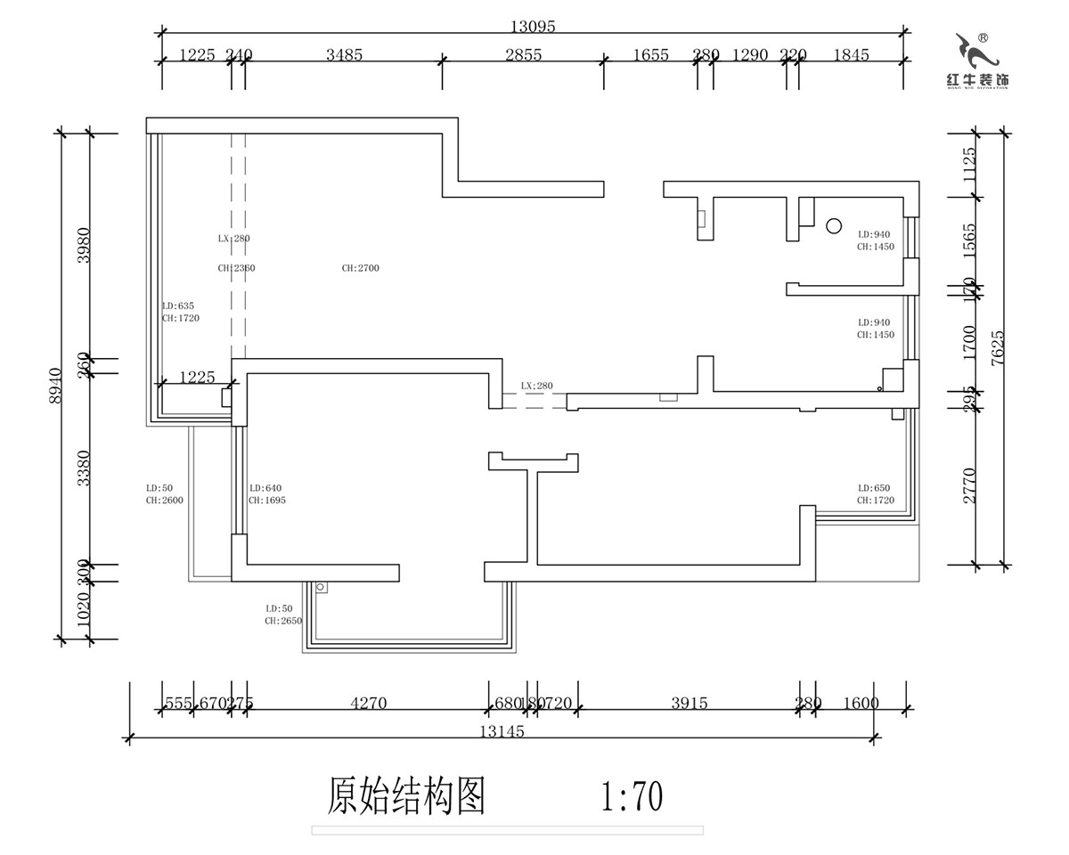 蔣?。霄沃腥A廣場(chǎng)11-601-110㎡-現代簡(jiǎn)約風(fēng)格｜2室2廳1衛｜舊房裝修｜定制家￥140400｜全包15萬(wàn)｜00_01原始結構圖