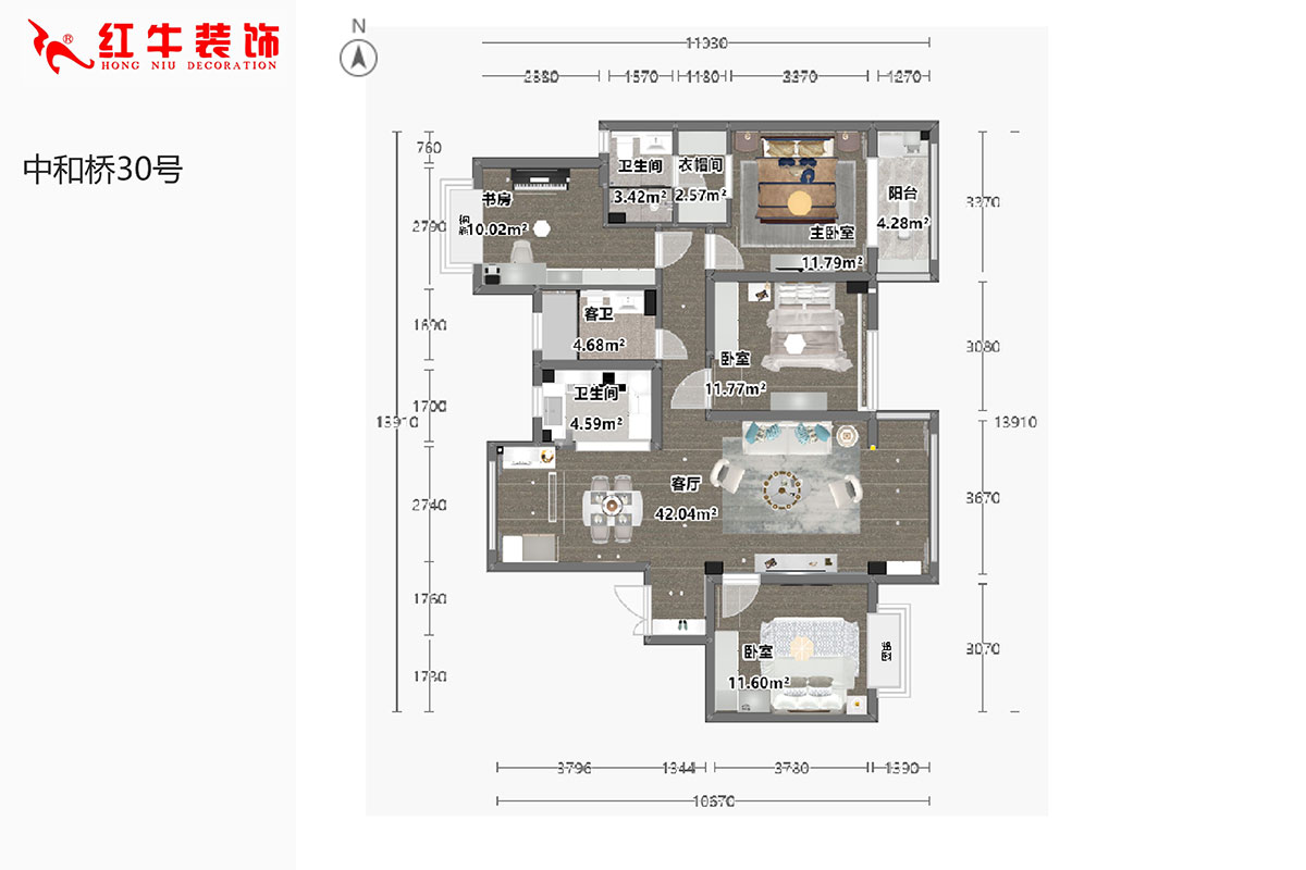 陸利民｜中和橋30號29-1403-137㎡-美式風(fēng)格｜4室2廳3衛｜新房裝修｜半包￥94990｜半包9