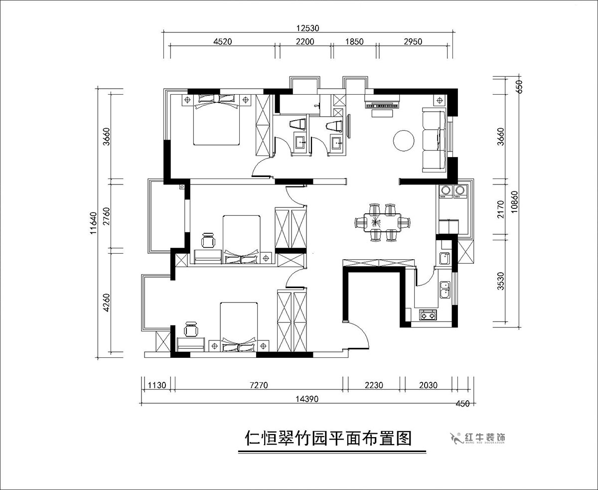 朱彥｜仁恒翠竹園26-204-130㎡-簡(jiǎn)約風(fēng)格｜3室2廳2衛｜老房裝修｜定制家｜全包20萬(wàn)｜00_02平面布置圖