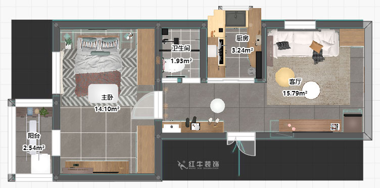 孟憲濤｜大光路菜市口1號2-2-205-50㎡-簡(jiǎn)約風(fēng)格｜1室1廳1衛｜老房裝修｜定制家｜全包9萬(wàn)｜00_03平面彩圖