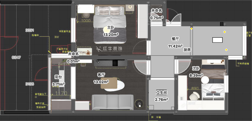 蔣?。驳吕?0號玻纖院小區14-103-65㎡-現代簡(jiǎn)約風(fēng)格｜3室1廳1衛｜老房裝修｜定制家｜全包10萬(wàn)｜00_03平面彩圖