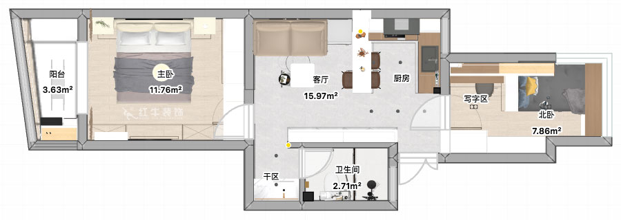 張智猿｜景明佳園拾景苑1-1-402-50㎡-現代風(fēng)格｜2室1廳1衛｜老房裝修｜定制家｜全包12萬(wàn)｜00_04平面彩圖