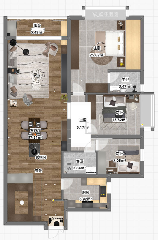 吳波｜京隆名爵府3-1107-165㎡-現代風(fēng)格｜3室2廳2衛｜新房裝修｜定制家｜全包21萬(wàn)｜00_04平面彩圖