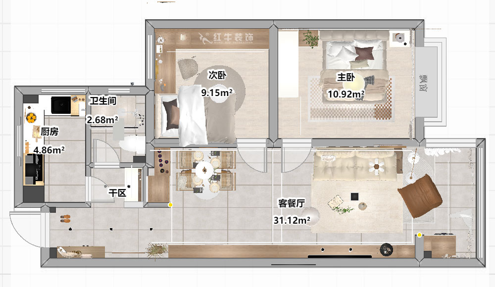 劉曉芳｜觀(guān)泓雅苑A區7-5-909-82㎡-原木奶油風(fēng)｜2室2廳1衛｜新房裝修｜定制家｜全包11