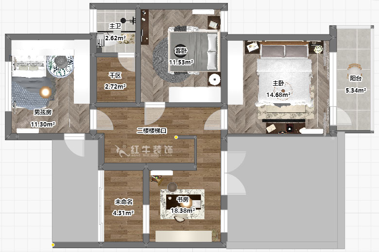 吳波｜翠屏國際香樟苑-7-404-124㎡-現代風(fēng)格｜3室2廳2衛｜二手房裝修｜定制家｜全包17萬(wàn)｜00_06二樓平面彩圖