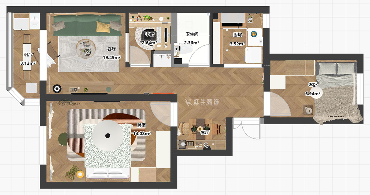 朱明琪｜評事街137號3-402-71㎡-原木風(fēng)格｜3室2廳1衛｜老房改造｜定制家｜全包11萬(wàn)｜00_03平面彩圖