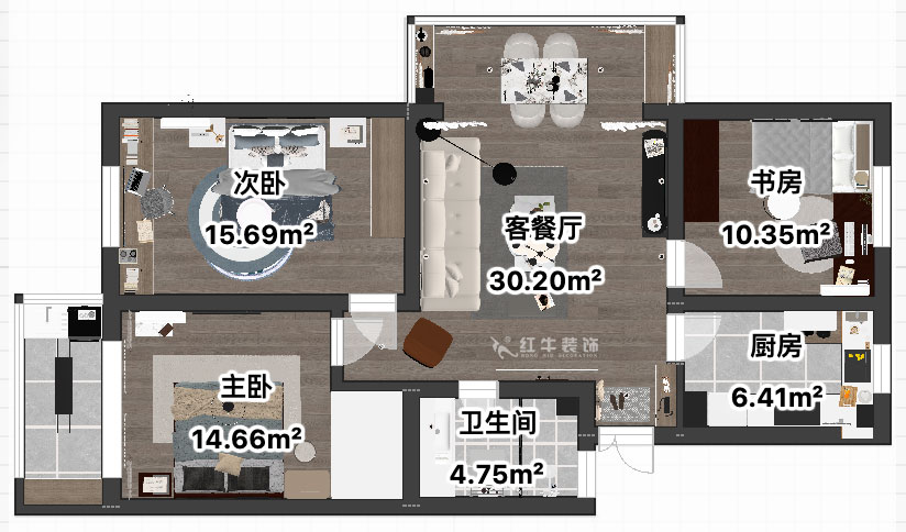 吳波｜宏鷹花園2-601-103㎡-現代簡(jiǎn)約風(fēng)格｜3室2廳1衛｜舊房裝修｜定制家｜全包13萬(wàn)｜00_04平面彩圖